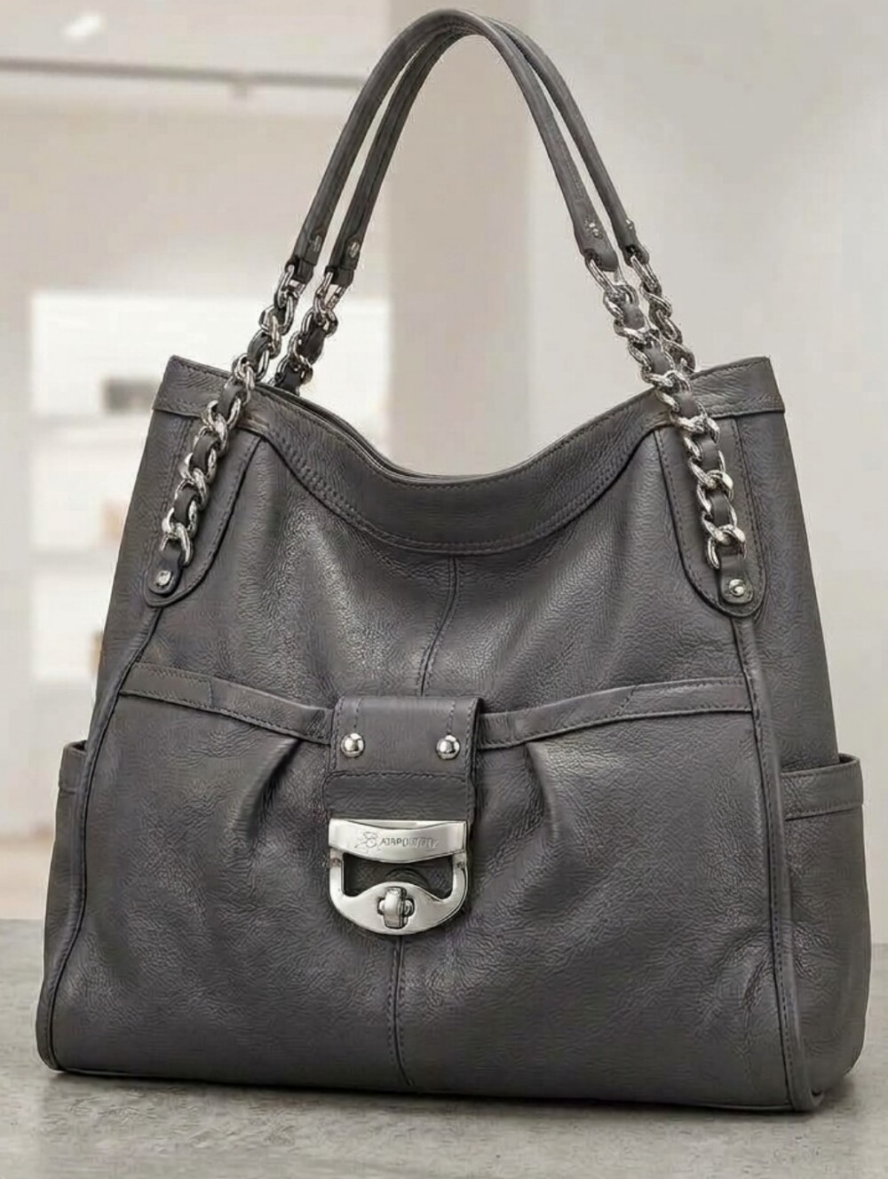 Women's Slate Gray Leather Shoulder/Hobo. Chain-Strap and Silver Lock Detailing